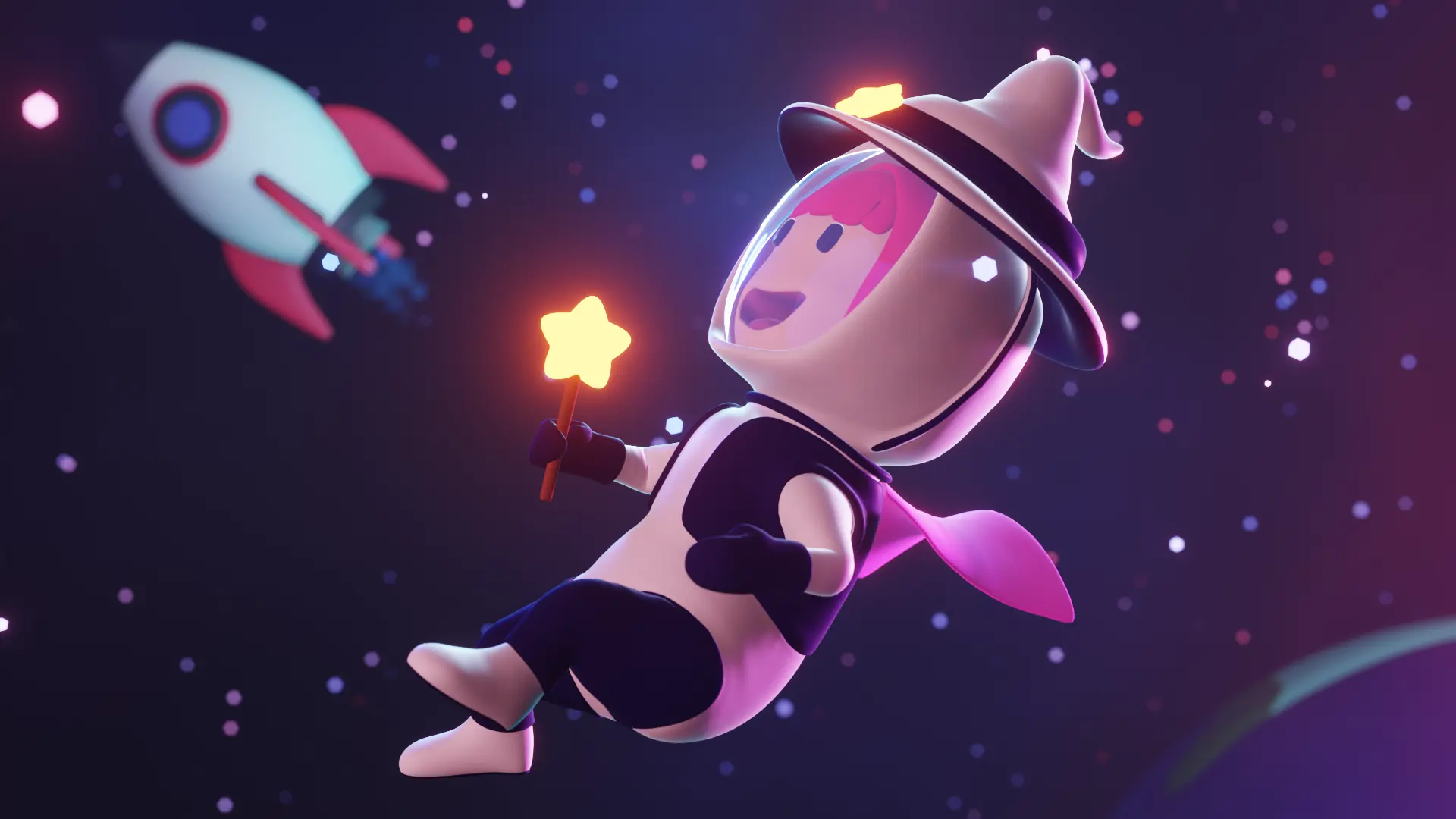 Banner da nossa mascote no espaço, vestindo seu traje de astronauta e usando um grande chapéu de mago. Ela está olhando para as estrelas e sorrindo.