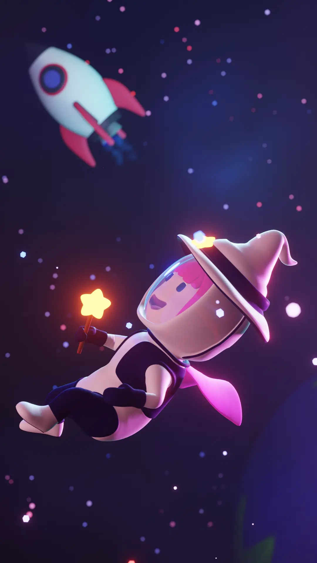 Banner da nossa mascote no espaço, vestindo seu traje de astronauta e usando um grande chapéu de mago. Ela está olhando para as estrelas e sorrindo.